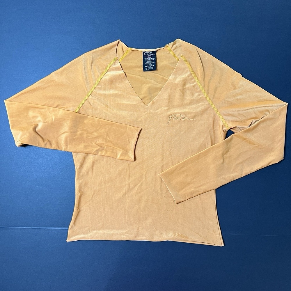 Vintage Fubu Long Sleeve T-Shirt Women's S Orange Nylon VNeck 90s Y2K